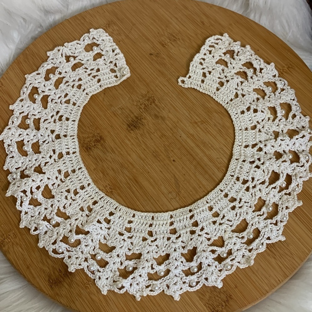 1980's Vintage Handmade Crochet Pearl White Round Yoke Collar